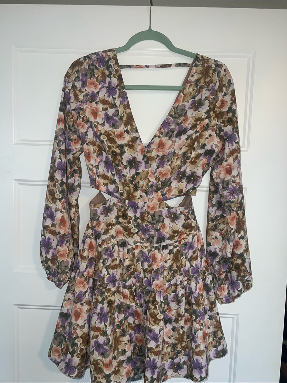 Floral V-Neck Long Sleeve Cutout Mini Dress - Purple & Brown Floral